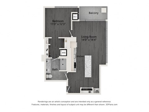 Floor plan for 1 bed, 1 bath, 719 sqft
